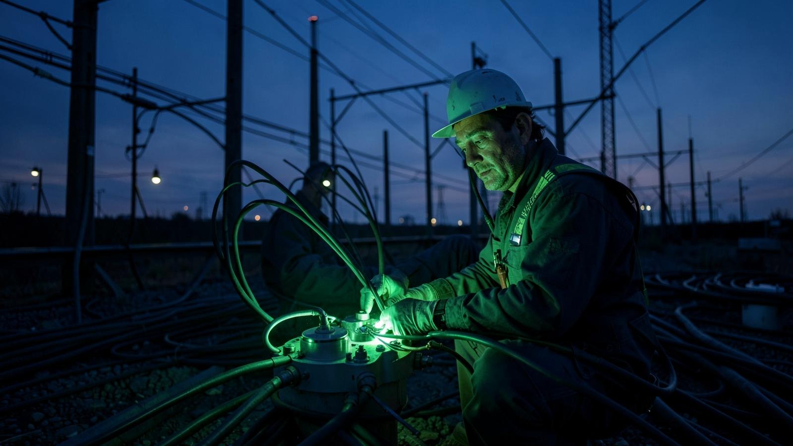 Técnico realizando fusão de fibra óptica em campo